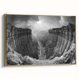 Framed wall art showcasing a stunning canyon landscape design with rich gold accents, ideal for enhancing home decor and adding a touch of elegance.