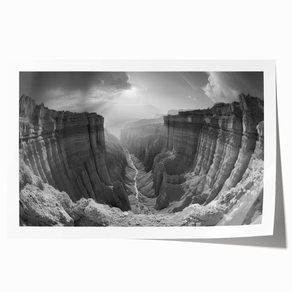 Vibrant rolled print of a canyon landscape art design showcasing rich earth tones and intricate details, ideal for home decor or art collection enthusiasts.