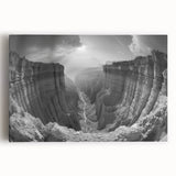 Stretched canvas wall art showcasing a vibrant canyon landscape design, featuring rich orange and blue hues that evoke a serene and adventurous atmosphere, perfect for home decor.