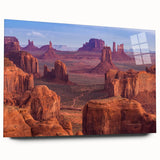 Acrylic wall art design showcasing a vibrant canyon landscape in rich hues of orange and blue, displayed in a sleek side view without pins, perfect for modern decor.