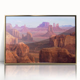 Framed acrylic wall art showcasing a stunning canyon landscape design with rich gold accents, perfect for enhancing modern home decor.