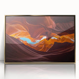 Framed acrylic wall art showcasing a stunning canyon landscape design with gold accents, perfect for enhancing home decor and adding a touch of elegance.