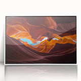 Framed wall art featuring a stunning desert canyon landscape design with vibrant colors and intricate details, set against a sleek white frame for modern decor. Ideal for enhancing the ambiance of living spaces or offices.