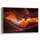 Framed canvas wall art showcasing a stunning canyon landscape design in vibrant colors, featuring a sleek silver frame, ideal for modern home decor.