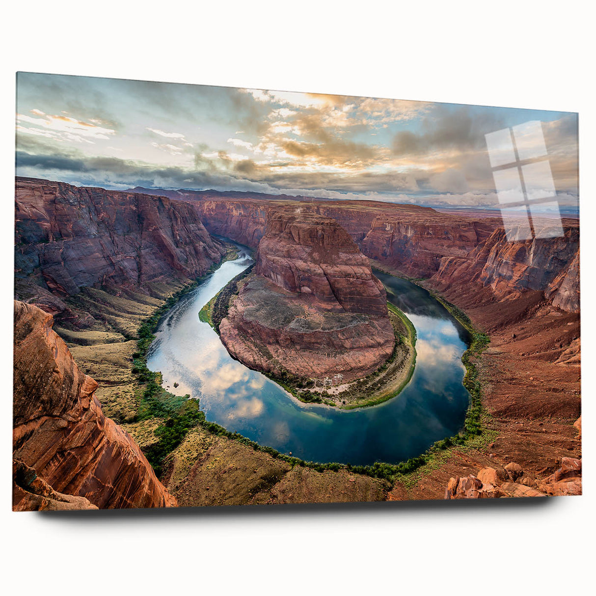 Side view of an acrylic glass wall art piece showcasing a stunning canyon landscape design, featuring vibrant colors and intricate details, ideal for home decor.