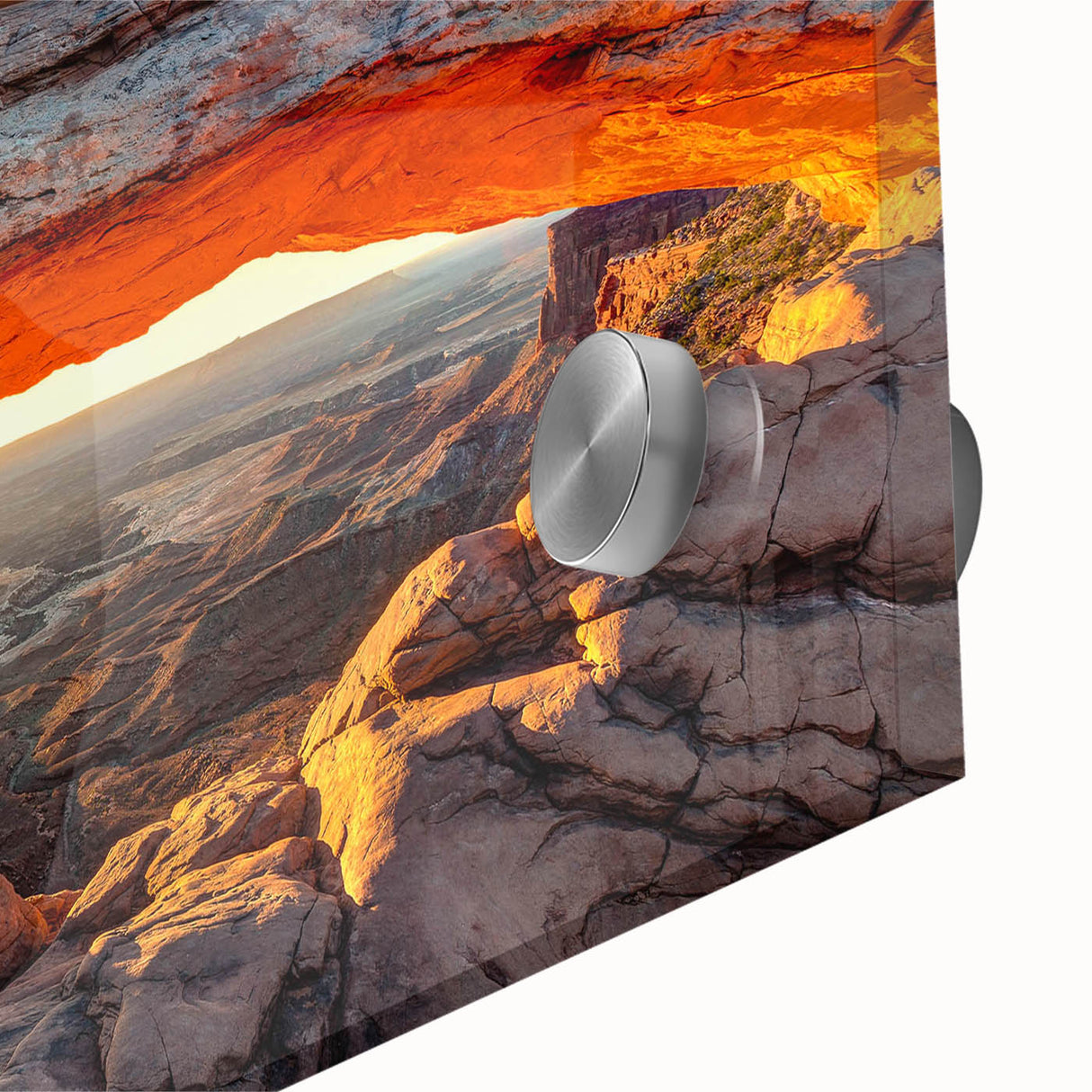 Close-up of a vibrant acrylic glass wall art piece showcasing a stunning canyon landscape, featuring rich earthy tones and intricate details, ideal for home decor.
