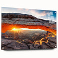 Acrylic glass wall art showcasing a vibrant canyon landscape design, featuring rich colors and intricate details, displayed with stylish pins in a side view setting.
