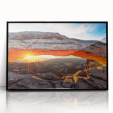 Framed acrylic wall art showcasing a stunning canyon landscape design in vibrant colors, featuring a sleek black frame, perfect for modern home decor.