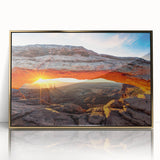 Framed wall art featuring a stunning canyon landscape design, enhanced with a gold-accented acrylic front for a modern touch, ideal for home decor.