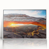 Framed acrylic wall art featuring a stunning canyon landscape design in vibrant colors, showcased in a sleek white frame, ideal for modern home decor.