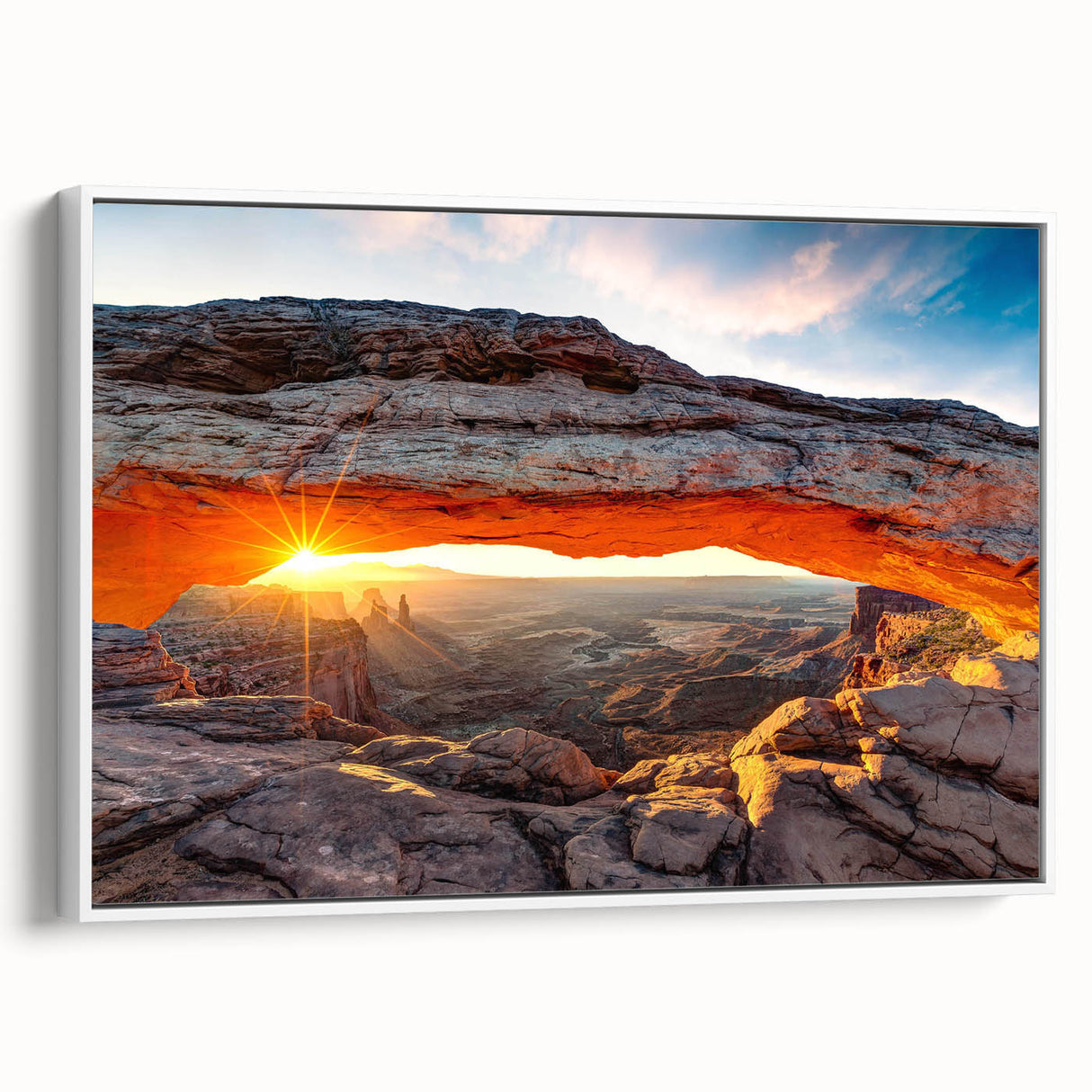 Framed canvas wall art showcasing a stunning canyon landscape design, featuring vibrant colors and intricate details, ideal for modern home decor.