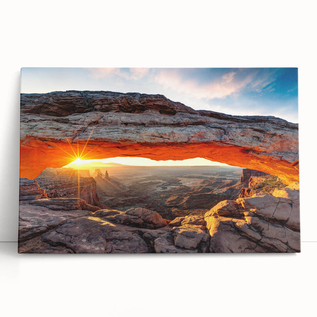 Stretched canvas artwork of vibrant canyons landscape design, showcasing rich colors and intricate details, perfect for modern home decor or office spaces.