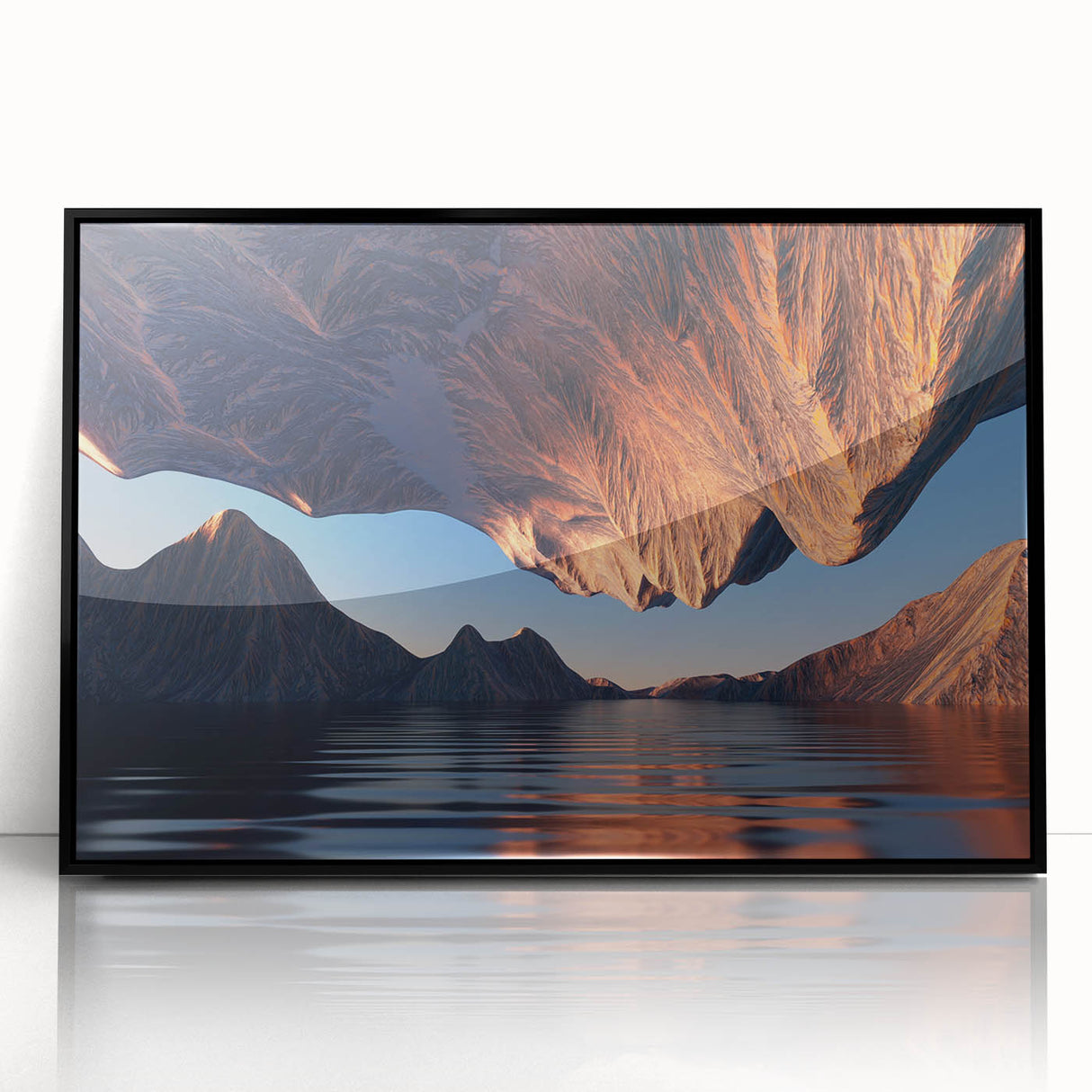 Framed wall art collection showcasing a vibrant canyon landscape design, featuring rich earth tones and bold textures, presented in a sleek black frame for modern decor.