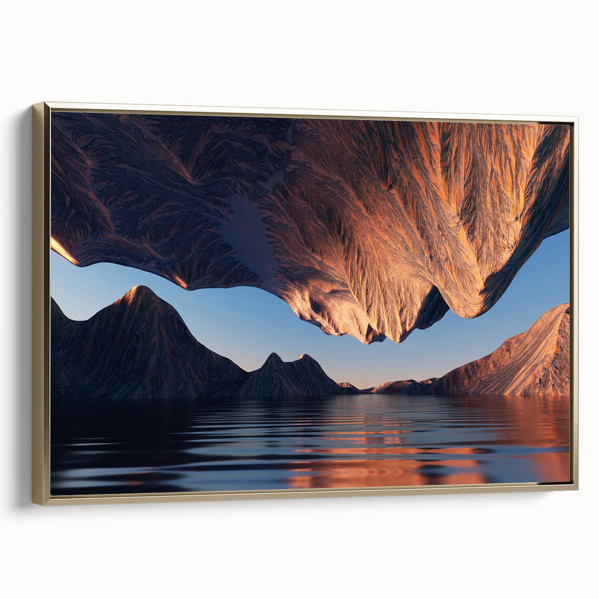 Framed canvas wall art showcasing a stunning canyon landscape design, featuring vibrant colors and intricate details, set against a gold frame for added elegance.