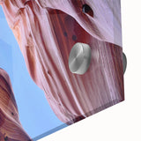 Close-up of a stunning acrylic glass wall art piece showcasing vibrant landscapes and intricate canyon designs, perfect for modern home decor. Ideal for adding a touch of nature-inspired elegance to any space.