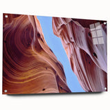 Acrylic glass wall art featuring a stunning canyon landscape design with vibrant colors, displayed from a side view showcasing its sleek pins for easy hanging. Perfect for modern home decor.