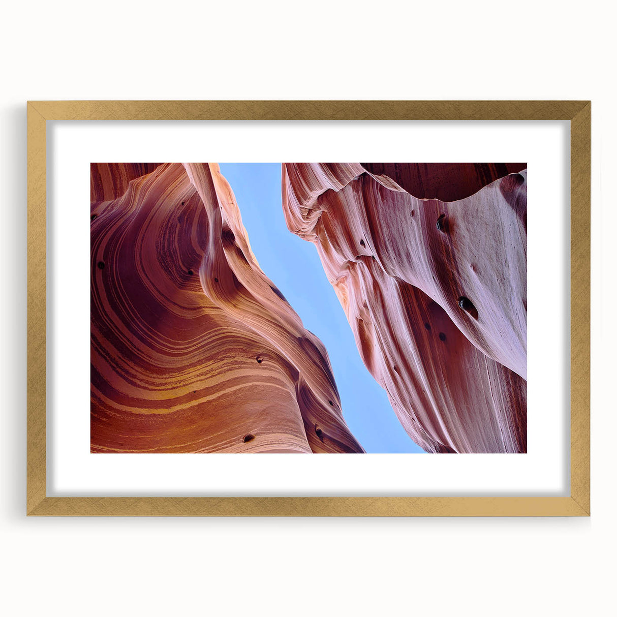 Framed wall art collection showcasing a stunning canyon landscape design with a gold mat, ideal for home decor and interior styling, front view display.