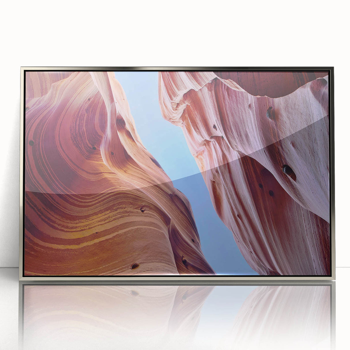 Framed acrylic wall art showcasing a stunning canyon landscape design with silver accents, ideal for modern home decor. Perfect for enhancing living spaces.