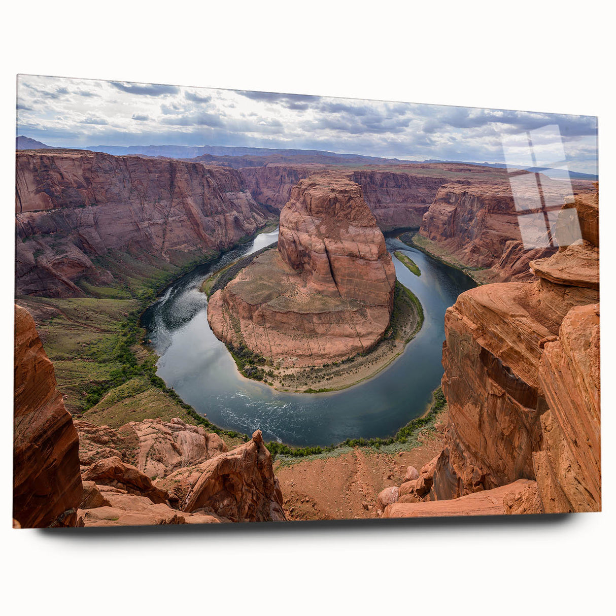 Acrylic glass wall art showcasing a vibrant canyon landscape design, featuring rich colors and intricate details, elegantly displayed without pins for modern decor.