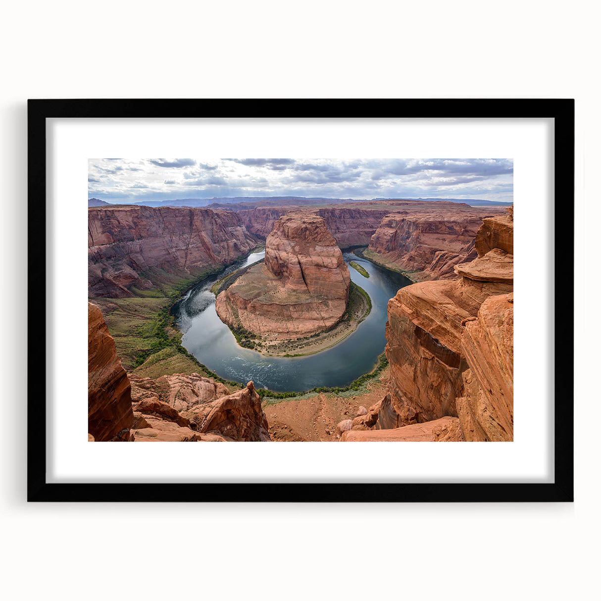 Framed wall art showcasing a vibrant canyon landscape design with a black mat, ideal for modern home decor. Perfect for adding a touch of nature to any room.