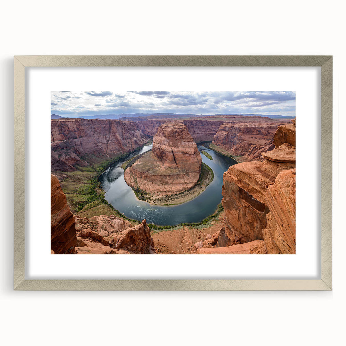 Framed silver wall art featuring a stunning canyon landscape design with a mat, perfect for home decor enhancement and visual appeal in living spaces.