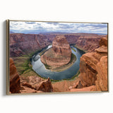 Framed canvas wall art showcasing a stunning landscape of canyons, featuring rich earth tones and a gold frame, perfect for enhancing home decor aesthetics.