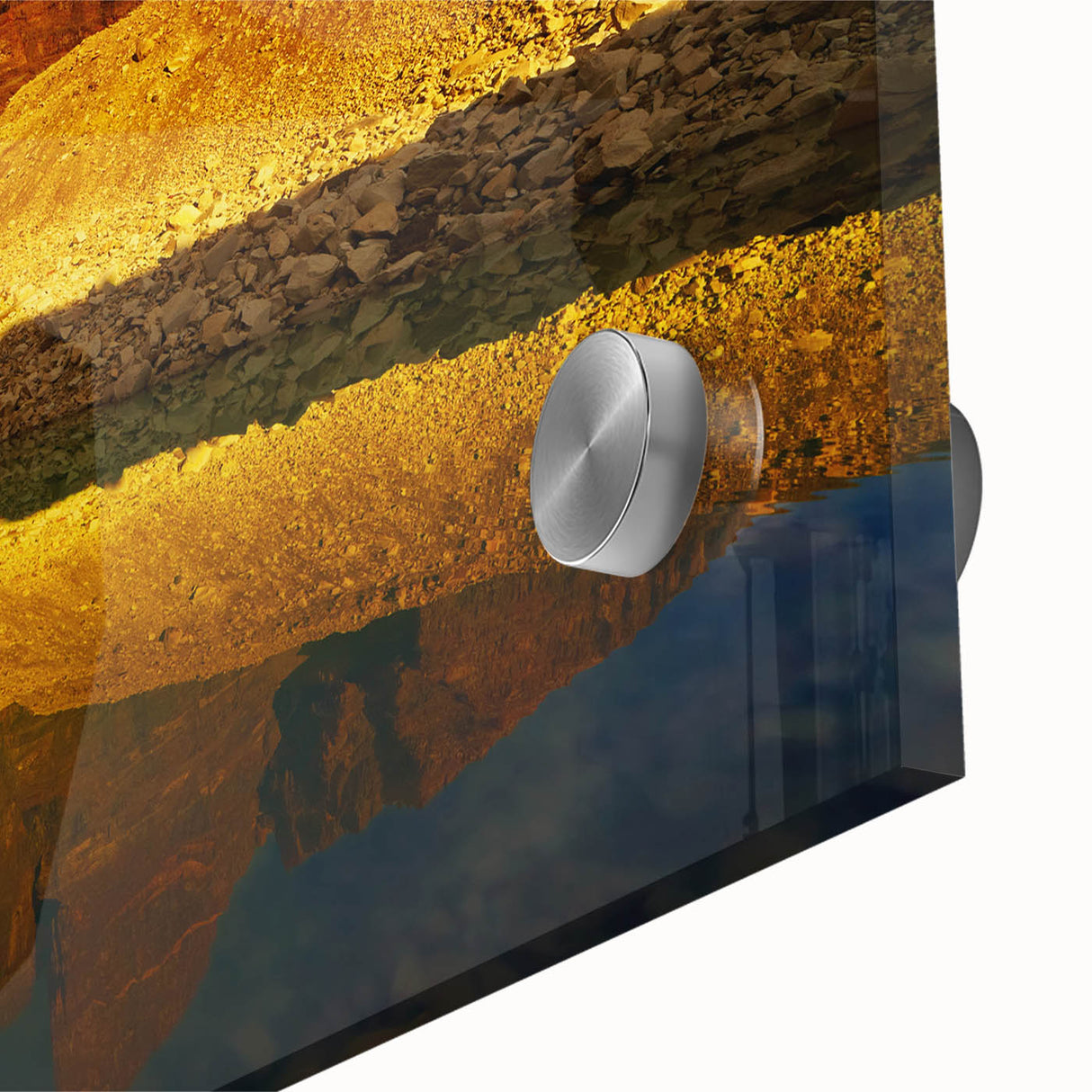 Close-up of an acrylic wall art piece showcasing a vibrant canyon landscape design, highlighting rich colors and intricate textures, perfect for home decor.