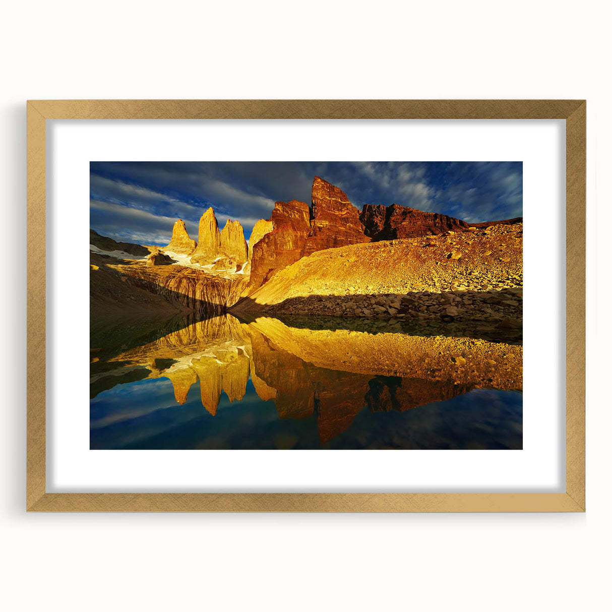 Framed landscape wall art collection featuring a canyon design with a gold mat, showcasing rich earthy tones and intricate textures, perfect for home decor.