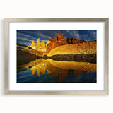 Framed wall art featuring a stunning canyon landscape design, with a silver mat and sleek frame, showcasing vibrant colors and intricate details, perfect for home decor.
