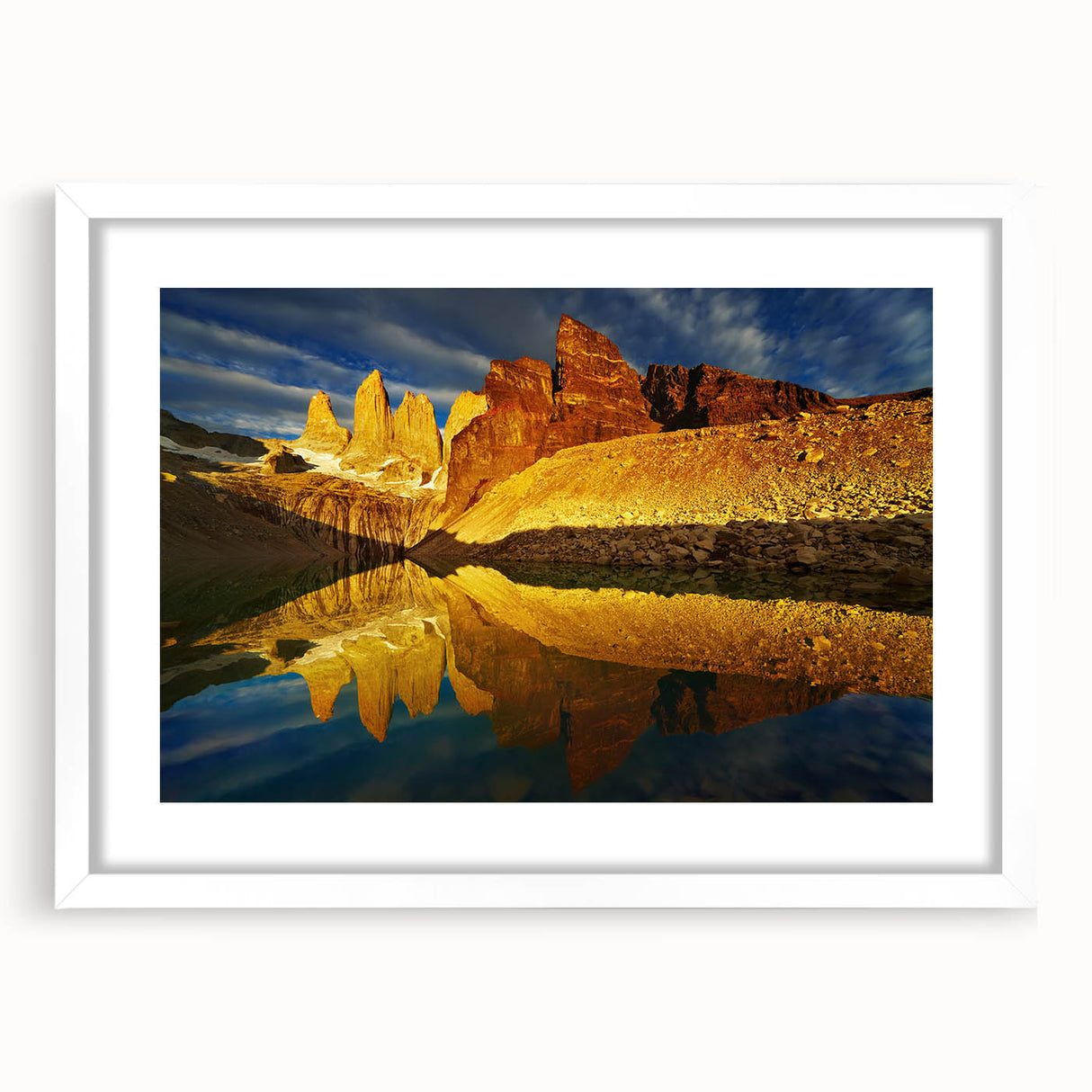 Framed wall art of a vibrant canyon landscape, showcasing rich colors and intricate details, set against a clean white mat, perfect for home decor enhancement.