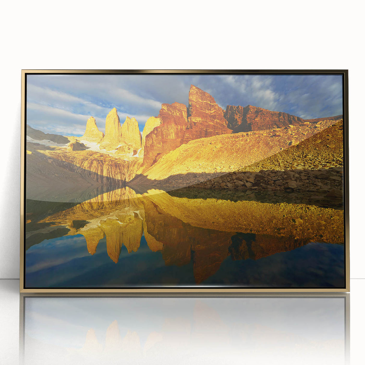 Framed acrylic wall art showcasing a stunning canyon landscape design with gold accents, perfect for enhancing modern home decor. Ideal for nature lovers.