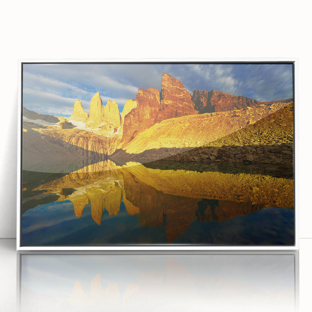 Framed wall art showcasing a stunning canyon landscape design, featuring vibrant colors and intricate details, set in a sleek white frame for a modern aesthetic. Ideal for enhancing home decor with nature-inspired elegance.