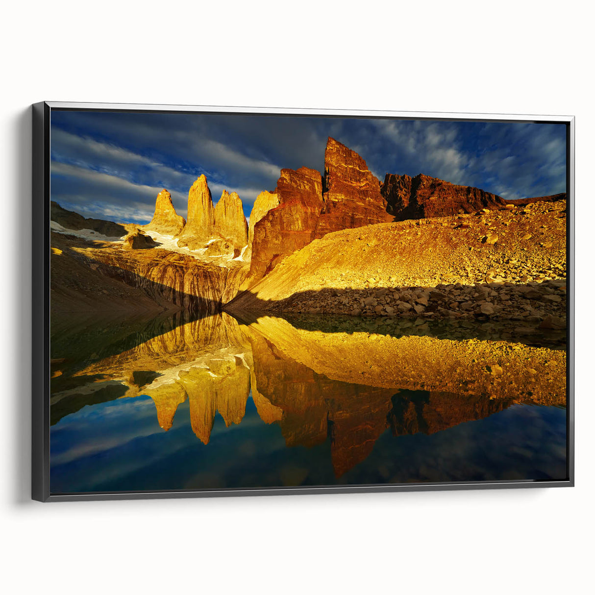 Framed canvas wall art showcasing a stunning canyon landscape design in rich earthy tones, with a sleek black frame for an elegant side view display. This piece adds a touch of nature-inspired decor to any room.