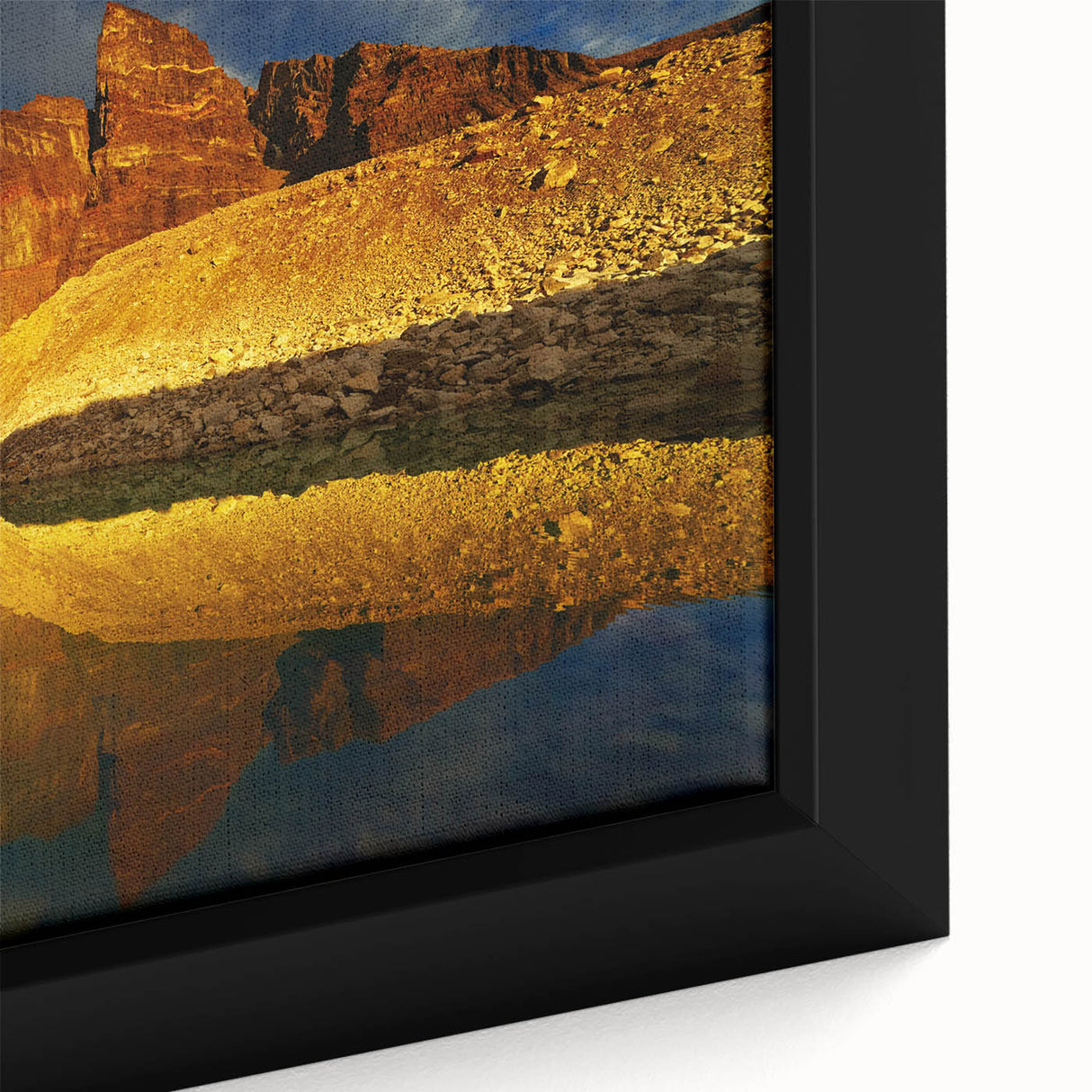 Close-up of a framed canvas artwork showcasing a vibrant canyon landscape with rich earthy tones, ideal for home decor and nature enthusiasts. Perfect for enhancing any living space.