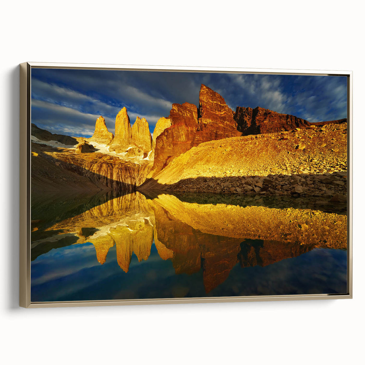 Framed canvas wall art showcasing a stunning canyon landscape design, featuring rich gold accents and a side view for an elegant home decor accent. Ideal for nature lovers and interior design enthusiasts.