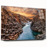 Acrylic glass wall art collection showcasing a vibrant canyon landscape design, displayed from a side view with pins, perfect for modern home decor.