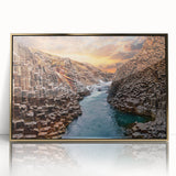 Framed acrylic wall art featuring a stunning canyon landscape design, highlighted with gold accents, perfect for adding elegance to any modern home decor.