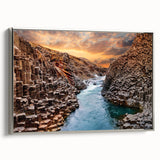 Framed canvas wall art featuring a stunning canyon landscape design with intricate details and vibrant colors, showcased in a sleek silver frame, ideal for home decoration.