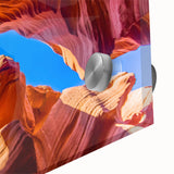Close-up of a stunning acrylic wall art piece showcasing a vibrant canyon landscape design, featuring rich colors and intricate details, perfect for modern home decor.