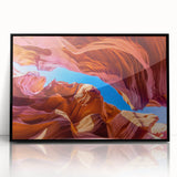 Framed acrylic wall art featuring a stunning canyon landscape design in vibrant colors, showcasing intricate details and textures, perfect for modern home decor.