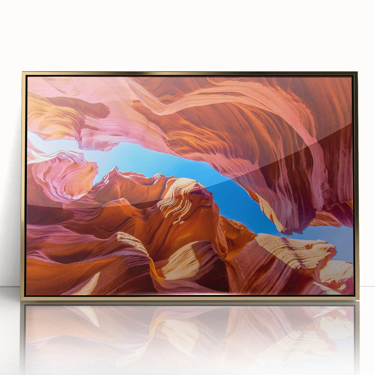 Framed acrylic wall art featuring a stunning canyon landscape design with gold accents, ideal for home decor that adds a touch of elegance and nature-inspired beauty.