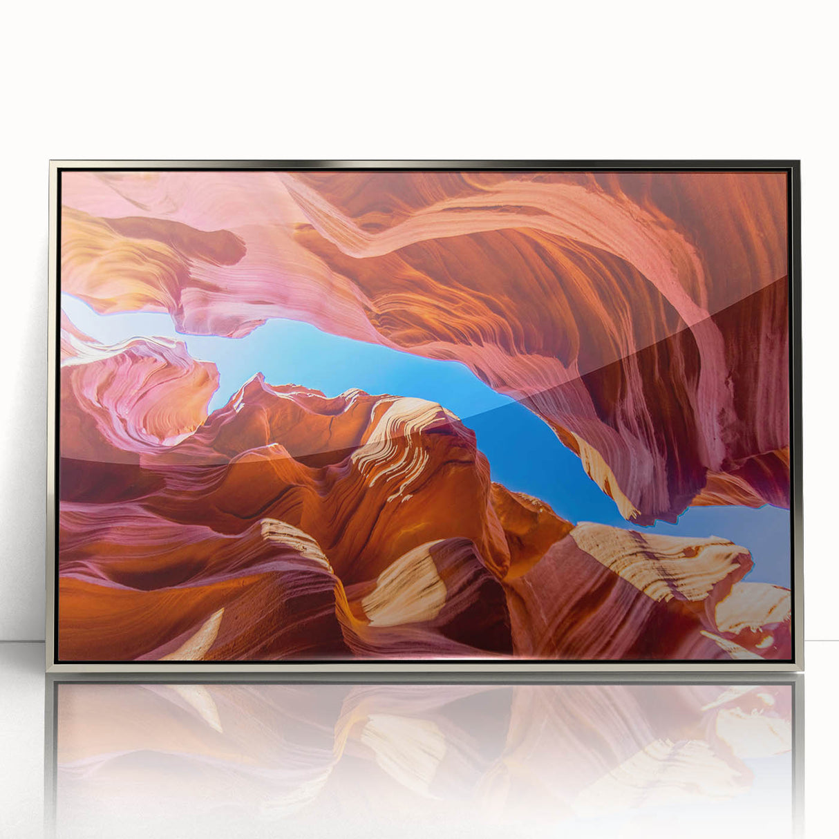 Framed acrylic wall art depicting a stunning canyon landscape design, featuring vibrant colors and intricate details, ideal for modern home decor.