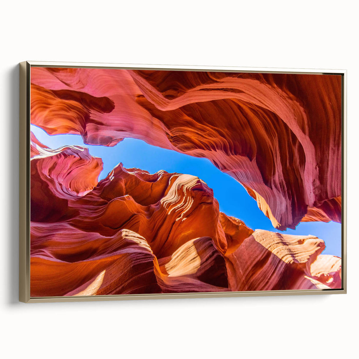 Framed wall art featuring a stunning canyon landscape design, with rich gold accents and a side view showcasing intricate details, perfect for home decor.