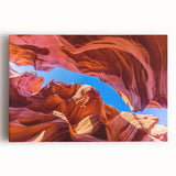 Stretched canvas wall art showcasing a vibrant canyon landscape design, featuring rich earthy tones and intricate details, perfect for home decor or office spaces.