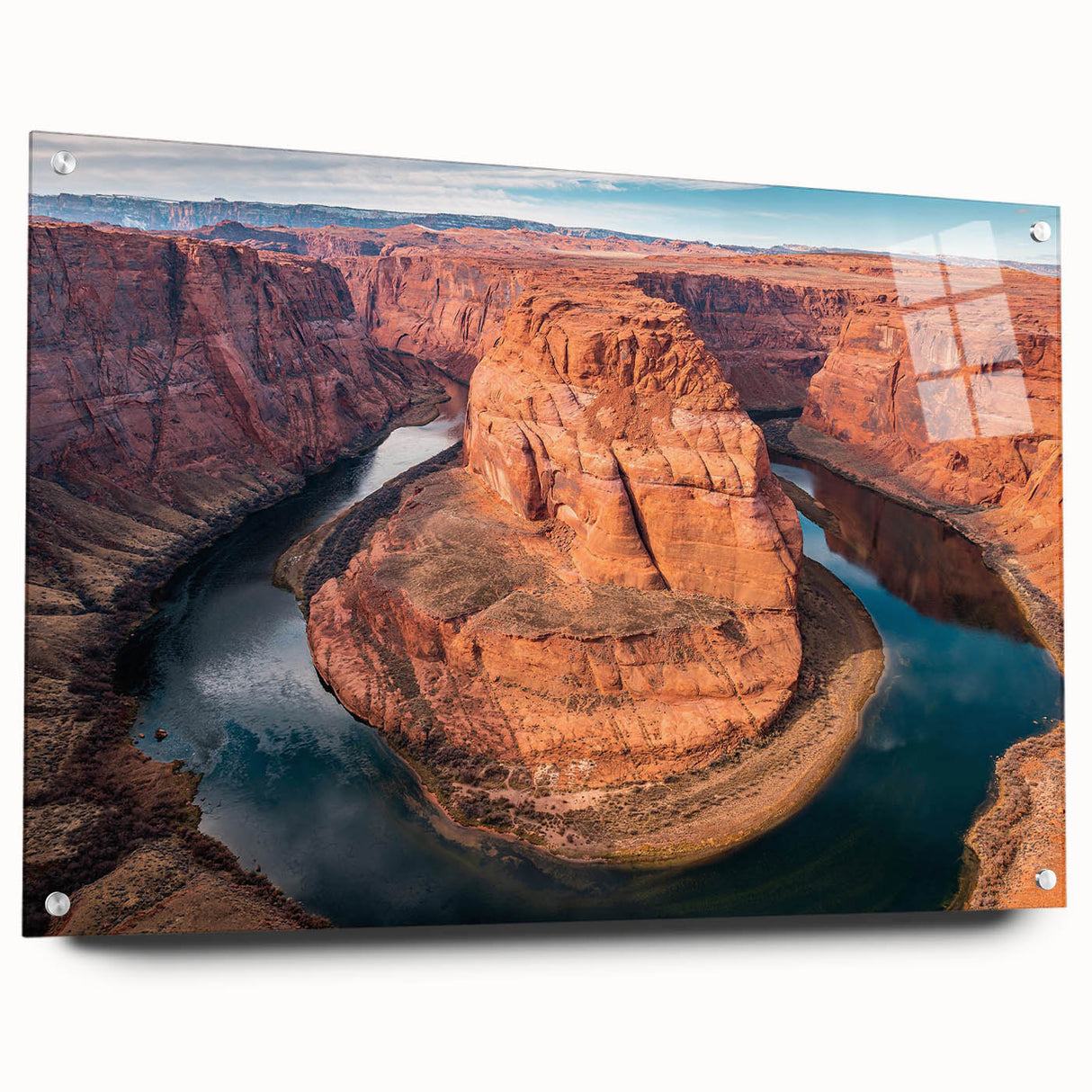 Acrylic glass wall art showcasing a vibrant canyon landscape design, with a side view highlighting the fine details and pin mounting for easy display.