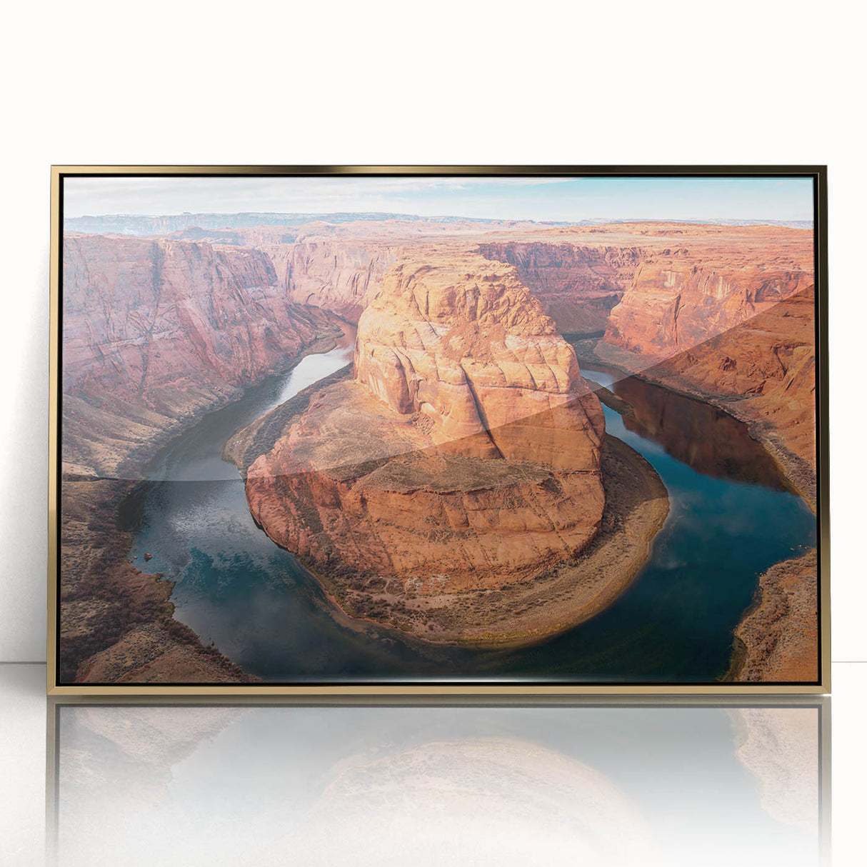 Framed acrylic wall art showcasing a vibrant canyon landscape design, featuring rich gold accents and intricate details, ideal for modern home decor.