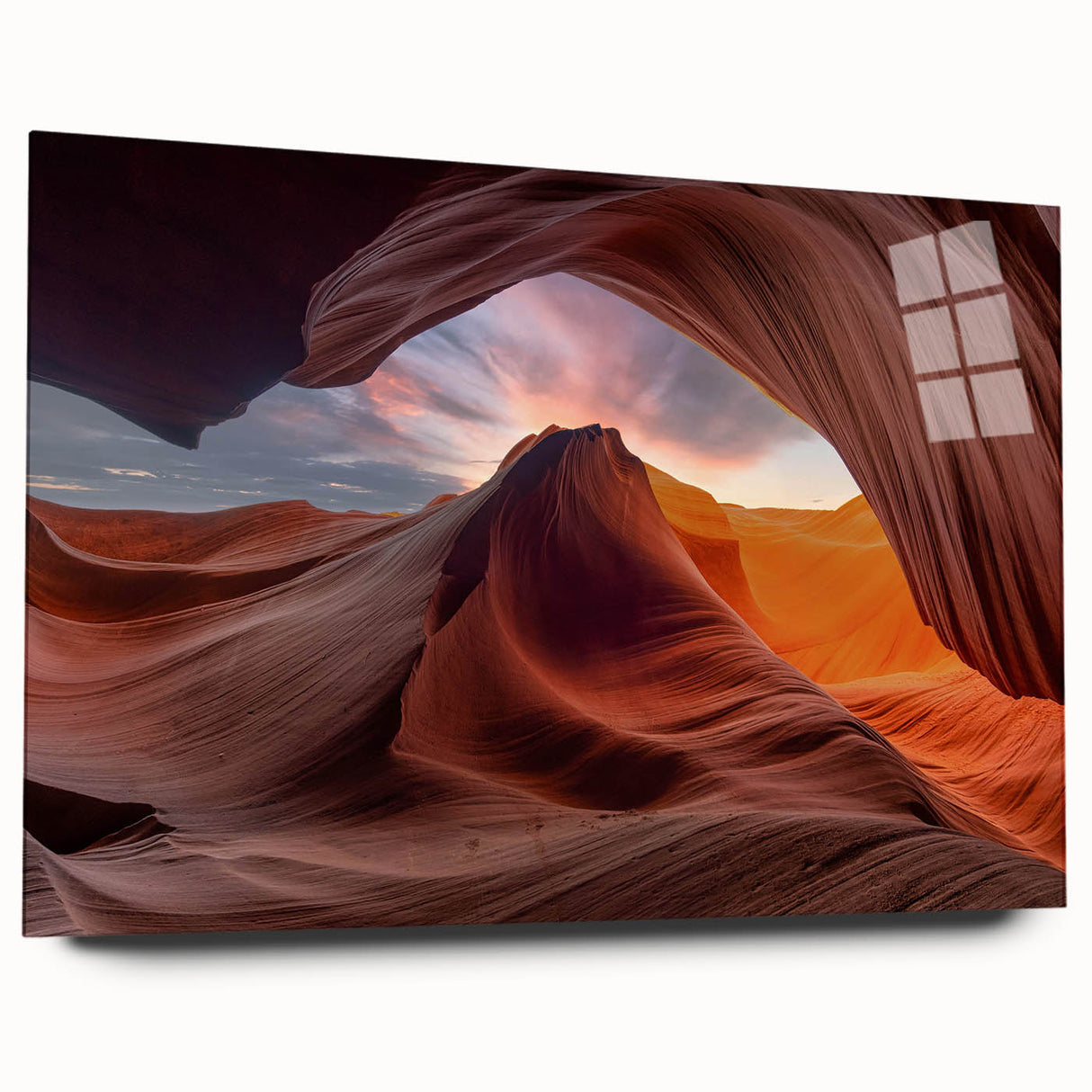 Acrylic glass wall art showcasing a stunning canyon landscape design, featuring vibrant colors and intricate details, suitable for modern home decor.