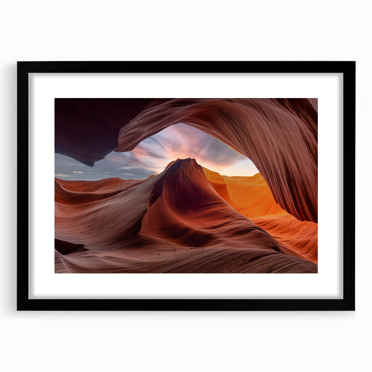 Framed wall art featuring a stunning canyon landscape design, with a sleek black mat and frame, ideal for enhancing modern decor in living spaces.