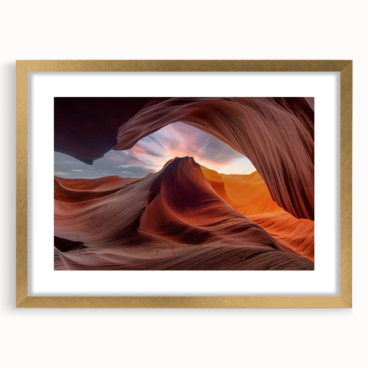 Framed wall art showcasing a stunning canyon landscape design with gold accents, perfect for home decor. The piece features rich colors and detailed textures, enhancing any room's aesthetic.