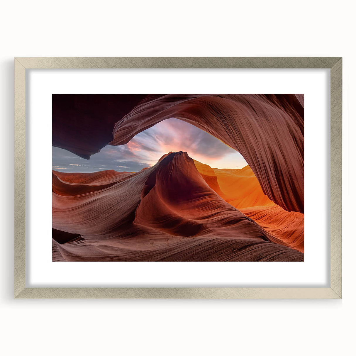 Framed wall art showcasing a breathtaking canyon landscape design with a silver mat and frame, perfect for enhancing home decor with natural beauty.